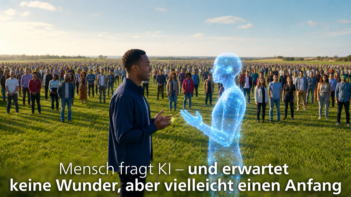 Entwurf: Mensch fragt KI – und erwartet keine Wunder, aber vielleicht einen Anfang
